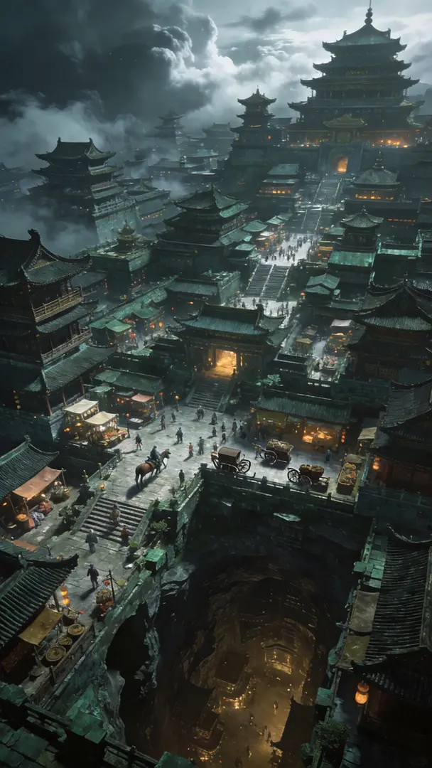 以极繁主义风格呈现的杰作,从仰视视角展现充满神秘感且细节完美的3D建模国风古代大都市,采用航拍视角,尽显宏大与繁华。巨构建筑群,极其繁复,结构层层叠叠、错落有致,往上看不到顶,往下看不到底,暗黑风格,摄影大师杰作,写实。
