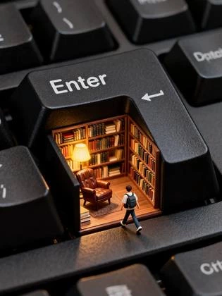这幅图充满创意与隐喻。画面核心是一个放大的黑色 “Enter” 键盘和按键,按键被巧妙设计成入口,内部是一间温馨的迷你书房:两侧书架摆满书籍,暖黄台灯散发柔和光线,还有舒适的皮椅,营造出静谧的阅读空间。一位背着背包的小人正迈步走进这个 “…