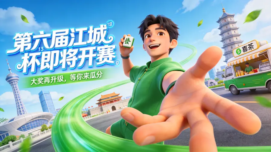 3D卡通拟物风格,高饱和度明亮色彩,科技感强烈。主题文案“第六届江城杯即将开赛”使用白色未来科技字体,字体线条粗壮,带有蓝色光晕和数字元素,局部笔画弯折夸张,突出智能与创新。搭配绿色曲线和喜茶餐车。辅助文案“大奖再升级,等你来瓜分”。主角…