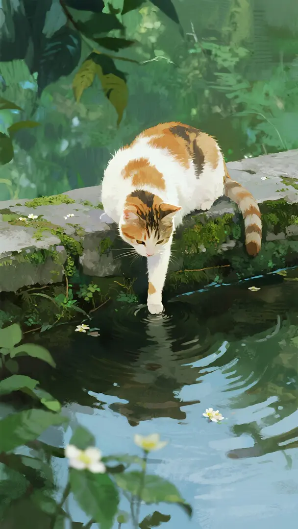 油画插画国风结合风格,层次感,艺术感,氛围感,故事感,笔触细腻,唯美,色彩搭配和谐,低饱和,大师级构图,大面积留白,质感,高空俯拍,一只可爱的三花田园猫趴在长满翠绿苔藓的石沿低头喝水,前景虚化青叶和小花,碧绿溪水泛起涟漪,初夏森系绿意,清…