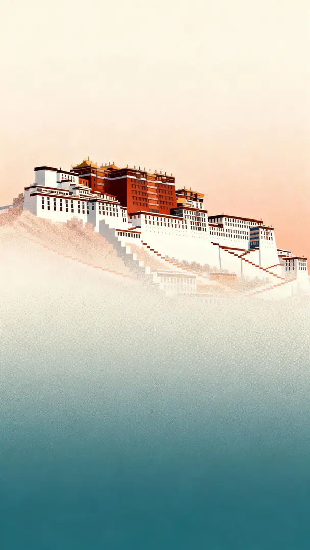 极简平面插画,先锋艺术概念,光影,高清,氛围感浓厚,大师级别作品,渐变映射,柔和渐变背景噪点颗粒质感,模糊细小的线段来描述布达拉宫,色调点阵构图