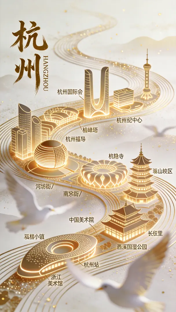 曲线构图,晕染,金色丝线层层叠叠组成的蜿蜒曲线中融合进抽象的立体内发光镂空鎏金极小的杭州标志性建筑结合珐琅彩工艺构成,(杭州国际会议中心,杭州大剧院,杭州奥体中心、杭州世纪中心,杭州来福士中心,雷峰塔,灵隐寺与飞来峰,河坊街/南宋御街、中…