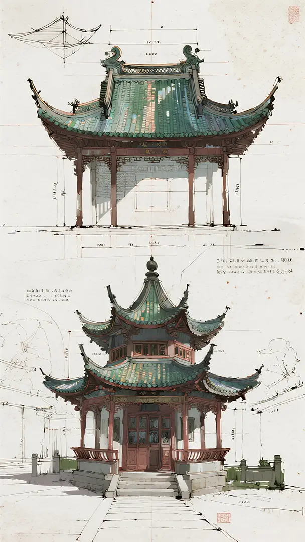 沉浸视角,设计蓝图,cad风格,彩色笔绘制,详细测量和标记注释,颗粒白色宣纸背景,繁细的墨汁红线,大师手绘效果,颗粒层次感,横切面视角,斗拱飞檐,重檐庑殿,苏州园林,分解图,三维立体图,层次分明,极简风, 超现实风格绘图,钢笔淡彩效果,大…