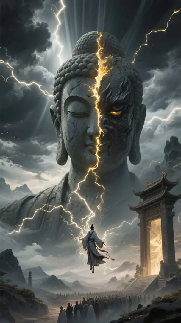 东方玄幻动漫风格,悬浮于空中的道君,全身被雷电包裹,背景阴云翻滚,强光穿透云层,以丁达尔效应投射在他身上。末日氛围,万众瞩目,神圣与毁灭并存。巨大的道宫之门在屏幕一侧,远方是深邃幽远的奇幻世界。超广角强透视构图,张力十足,压迫感,细节生动…