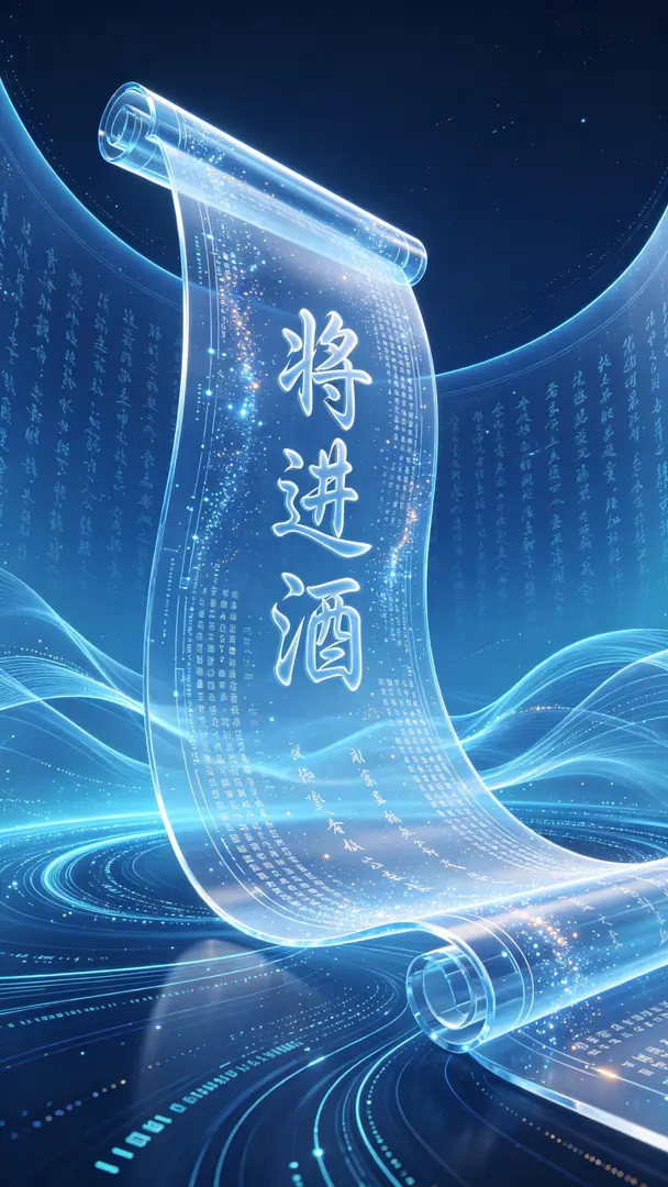 流畅科技蓝色深蓝色渐变透明玻璃曲线线条夹杂着微小的数据编码流线条,如粒子波浪般流动翻滚闪烁,构成一个展开竖立的虚拟卷轴,从画面左侧到右侧,铺满画面,虚拟未来风格,使用OC渲染器,细节丰富,良好的空间感和层次感,史诗感构图,仰视角度,简单背…