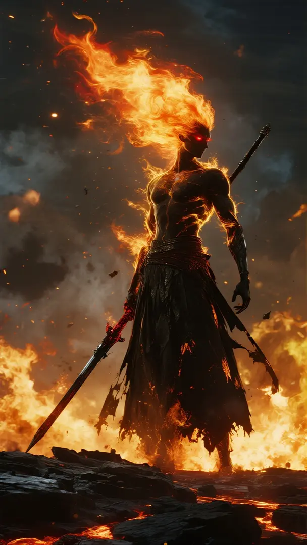 核心主体 火焰男武神,全身呈极致剪影效果,轮廓被烈焰勾勒出金色辉光;头部无明确面部特征,取而代之的是狂乱飞舞的火焰长发,发丝由橙红、金黄渐变的明火构成,根根分明且带有动态飘散感,一双醒目的猩红发光眼眸,为唯一的面部视觉焦点;身着修身长款暗…