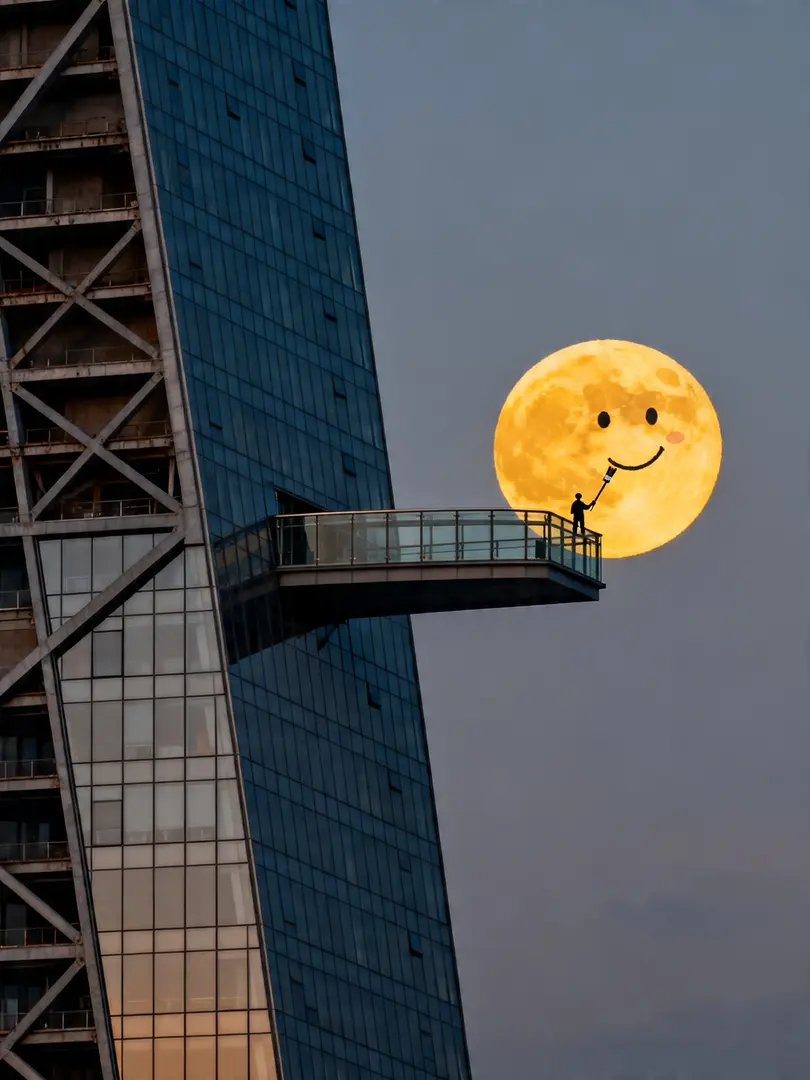 1. 主体描述:现代玻璃幕墙摩天大楼(带有悬空玻璃观景台,观景台上有微小人物剪影),超大暖黄色满月位于观景台右侧,建筑呈现斜切的几何结构,金属框架裸露在建筑左侧 小人物正用长柄比刷给月亮画可爱笑脸2. 场景设定:室外,城市黄昏时刻,天空…