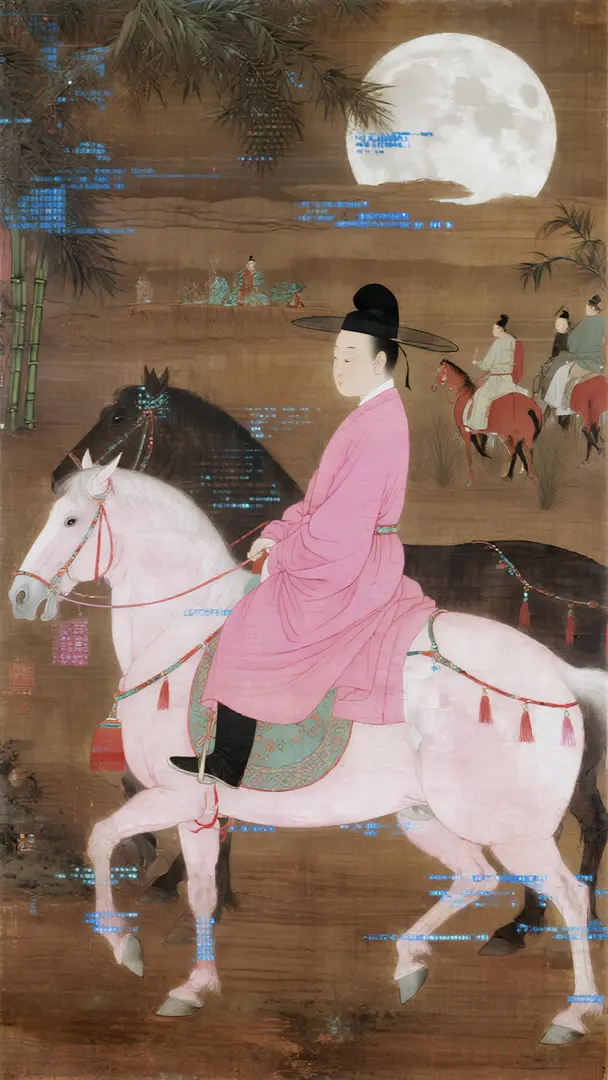 北宋时期风格油画暗棕褐色旧版图高清,精细工笔,精细流畅、柔韧有力、充满韵律感。衣纹的勾勒,疏密有致。用色典雅,善于运用对比色,丰富和谐,唐朝时期皇家狩猎图,自然逼真竹的钴料算法 由无数代码粒子弥散组成,从模糊到清晰的影像和轮廓,哑光背景,…