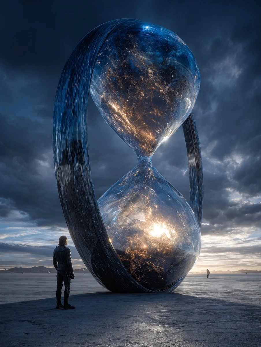 a giant hourglass made of glass with the universe inside. a man stands next to it and looks at it, on an open plain, wi…