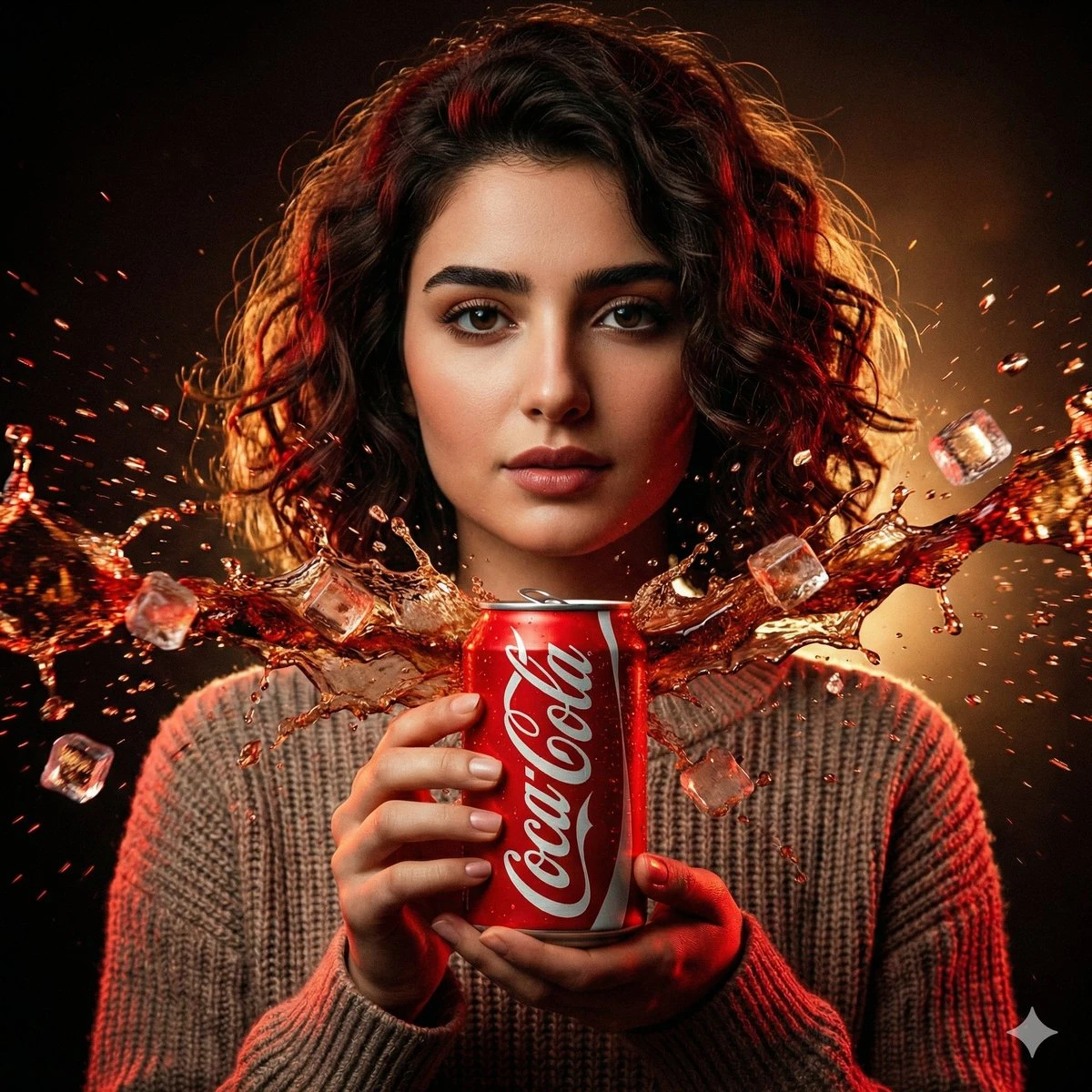 Using the uploaded image, create a cinematic Coca-Cola advertisement shot. The woman holds a chilled Coca-Cola can at t…