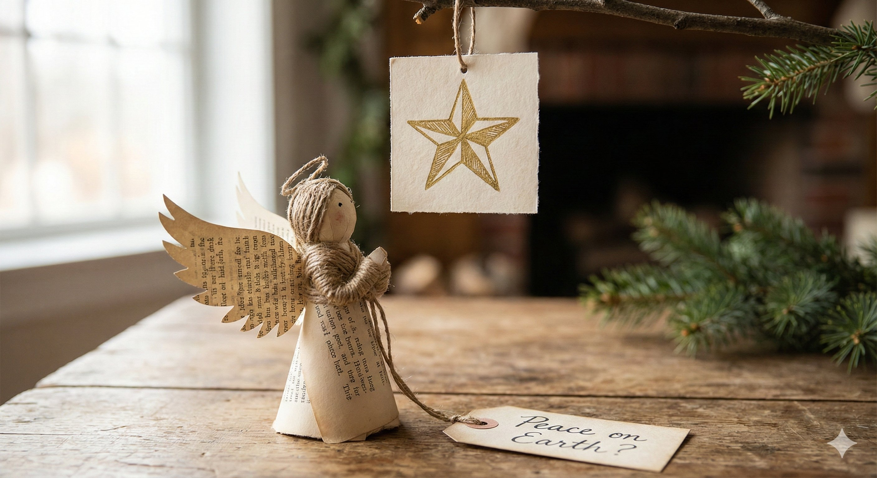 A small angel figure with paper wings looking up at a golden hand-drawn star nearby. Text: "Peace on Earth?"