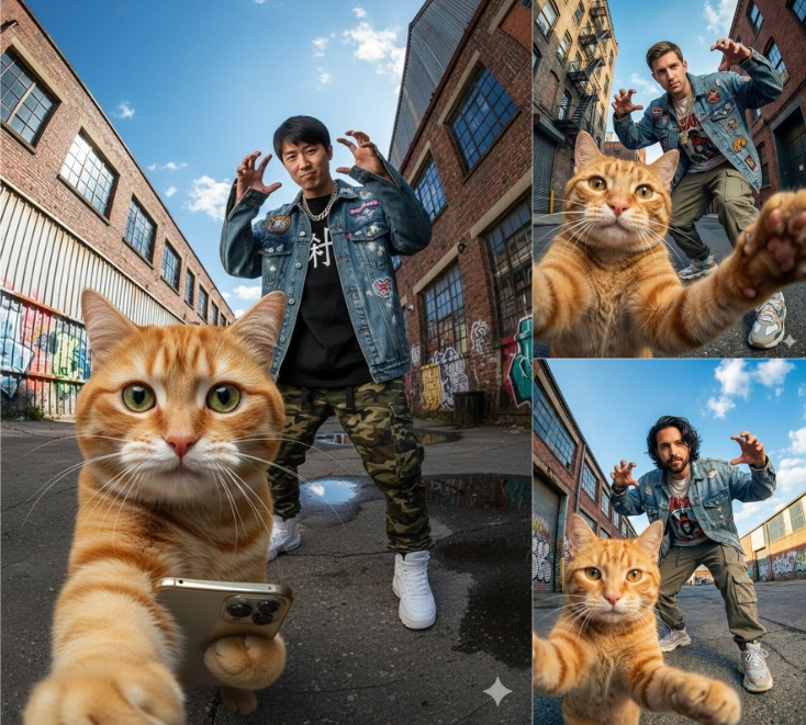 A cute orange cat taking a dramatic ultra-wide selfie in the foreground, giant perspective effect, playful and dynamic …