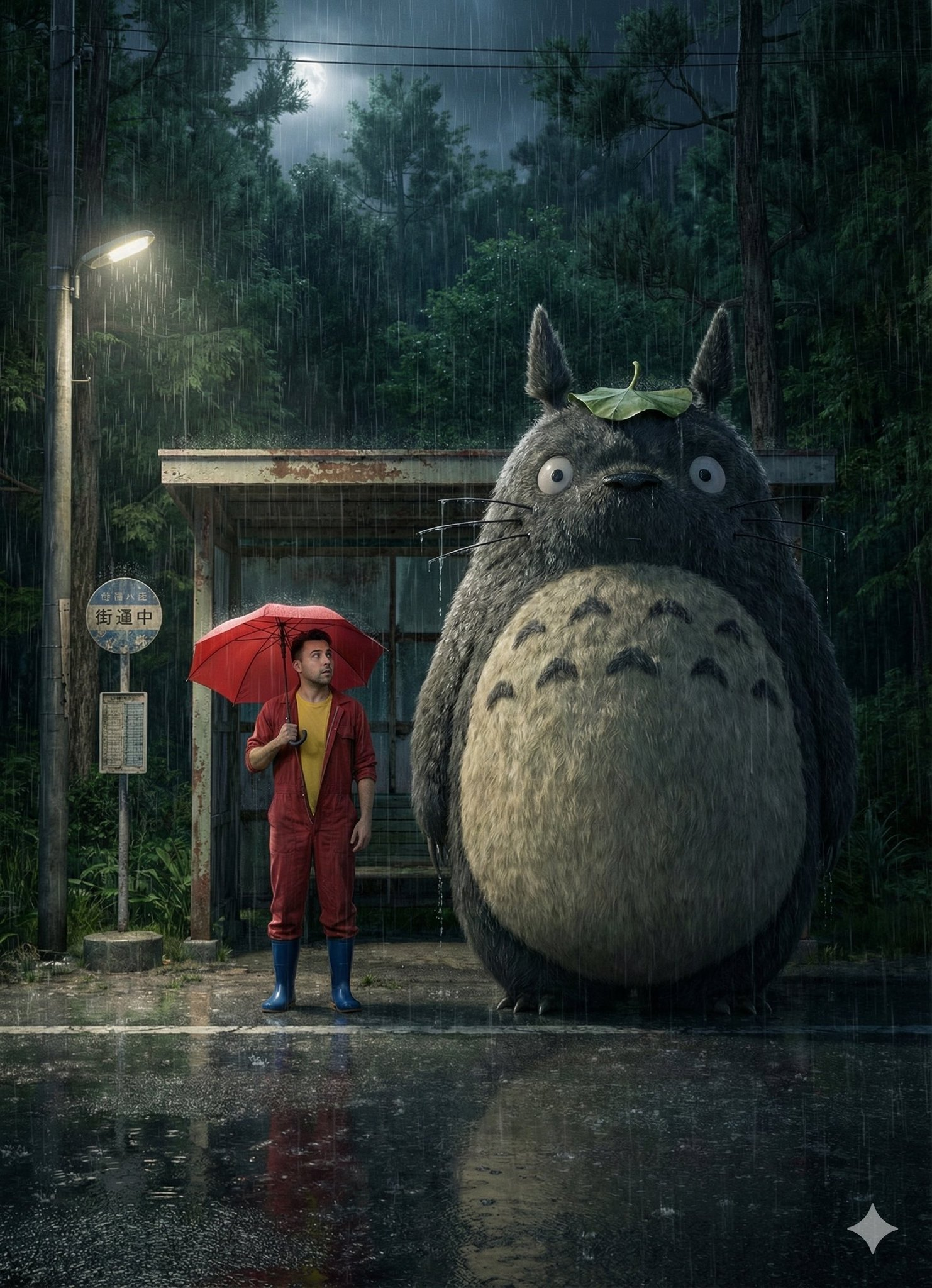 {\n \"scene\": \"A rainy evening at a rural bus stop in the Japanese countryside. A large, fluffy Totoro (from Studio G…