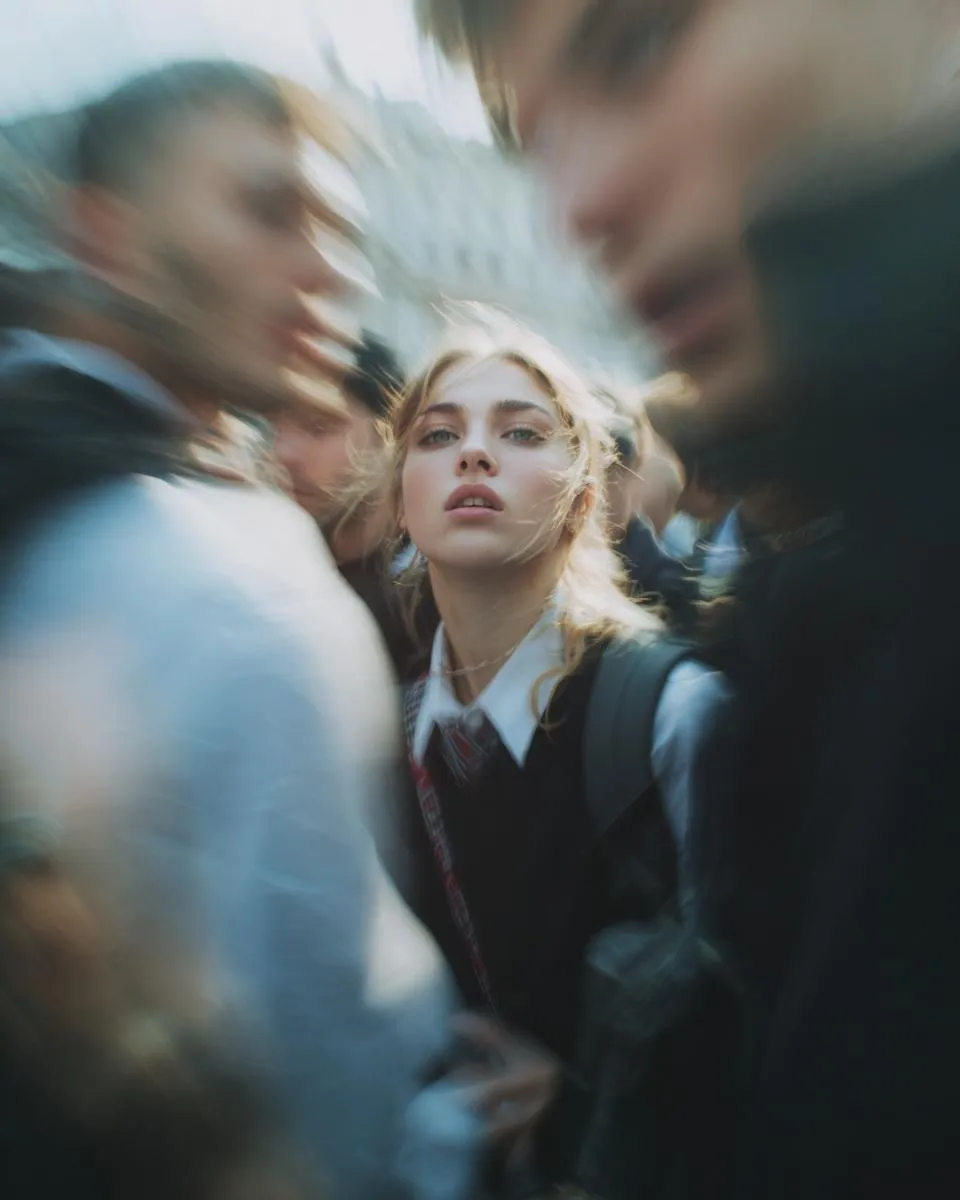 Paparazzi-style extreme close-up photo of a woman with striking facial features, caught off-guard while turning toward …
