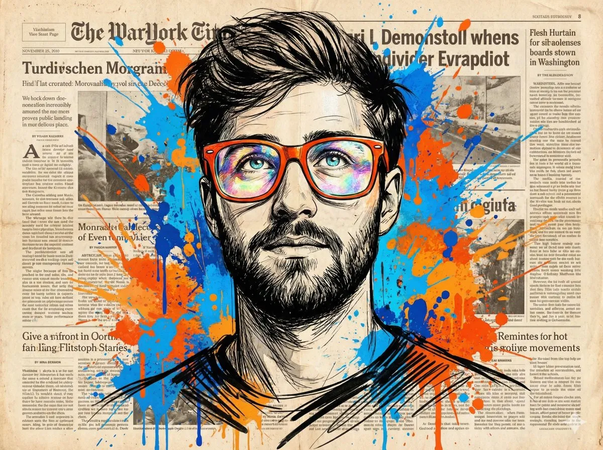 Vibrant expressive portrait of a man looking upwards with wonder, wearing oversized bright orange-red glasses (glass li…