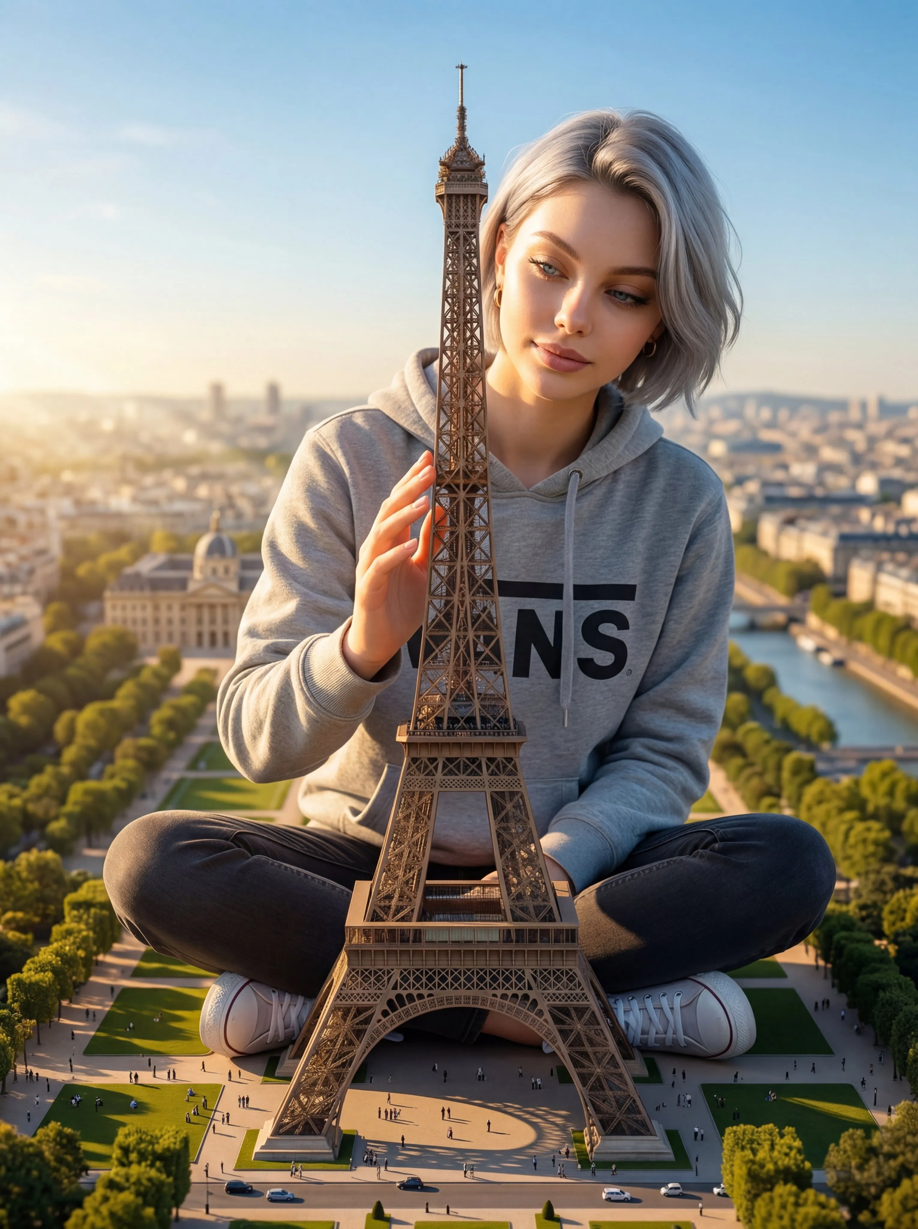 A titanic 600-meter tall woman sitting cross-legged on Champ de Mars in Paris. She leans slightly forward and gently to…