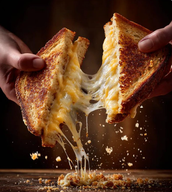 two hands pulling apart a grilled cheese sandwich, strands of melted cheddar stretching dramatically between the halves…