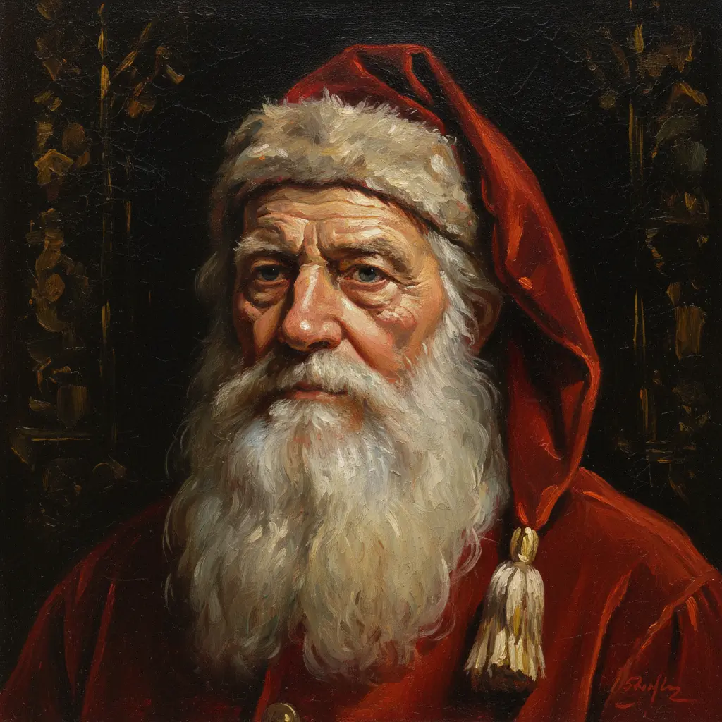 Old Santa Claus portrait in classical oil painting style, inspired by old master paintings. Heavy oil texture, thick ex…