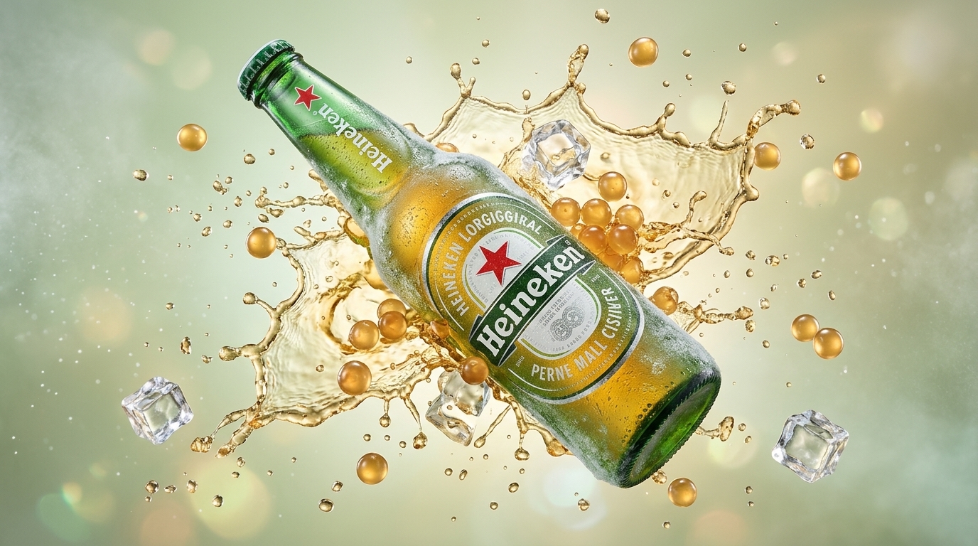 Ultra-realistic commercial beverage advertising shot of my uploaded product labeled [Heineken] floating diagonally in m…