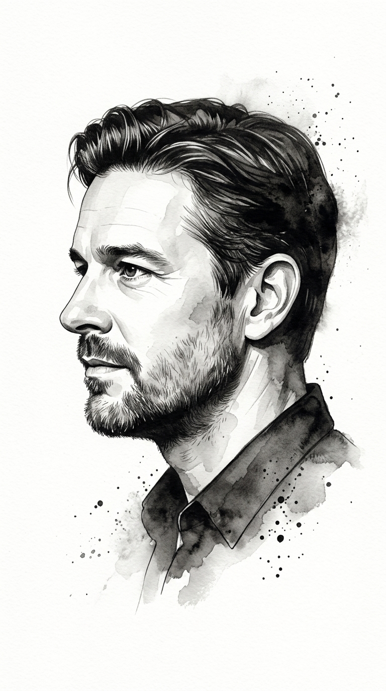 Transform the input photo into a refined monochromatic ink portrait on a pure white background. Clean side profile faci…