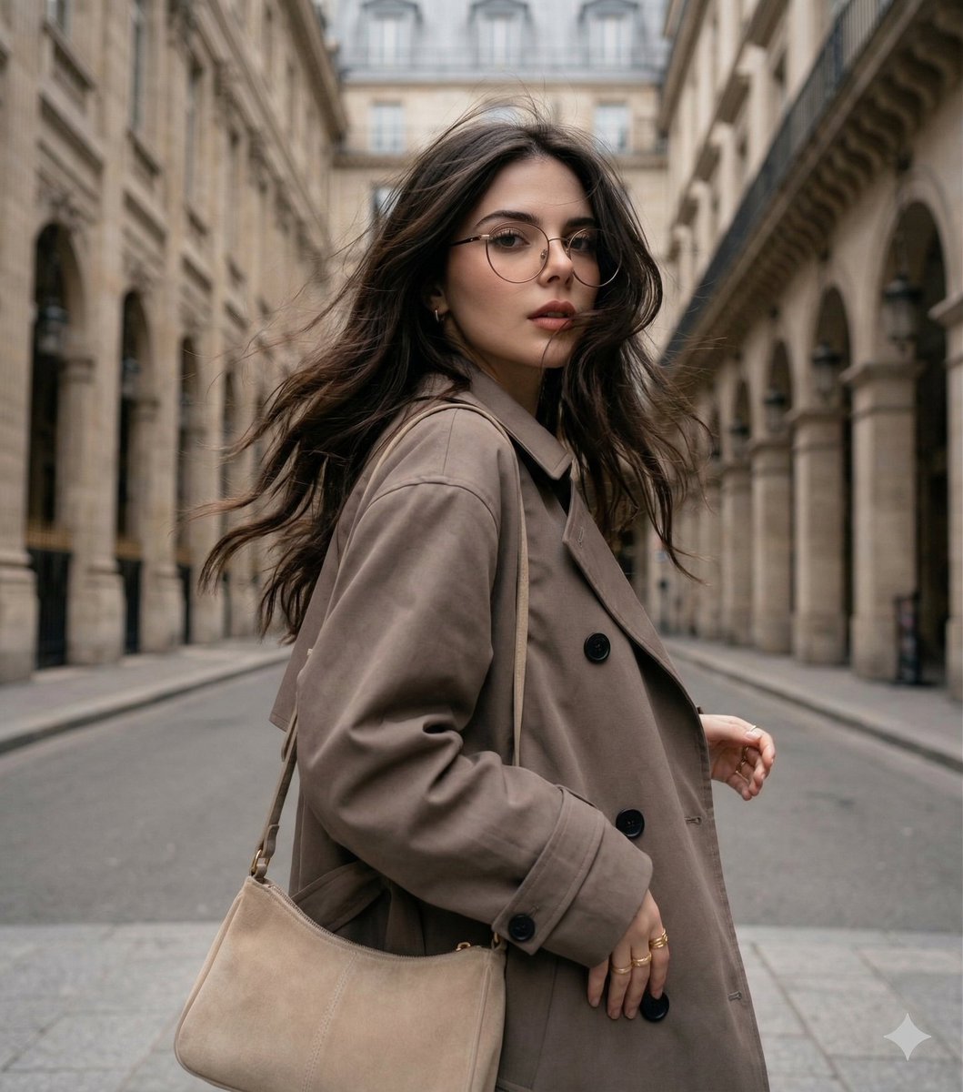 A dynamic medium shot captures a young Caucasian woman with long brown hair in an outdoor urban setting. Her hair, blow…