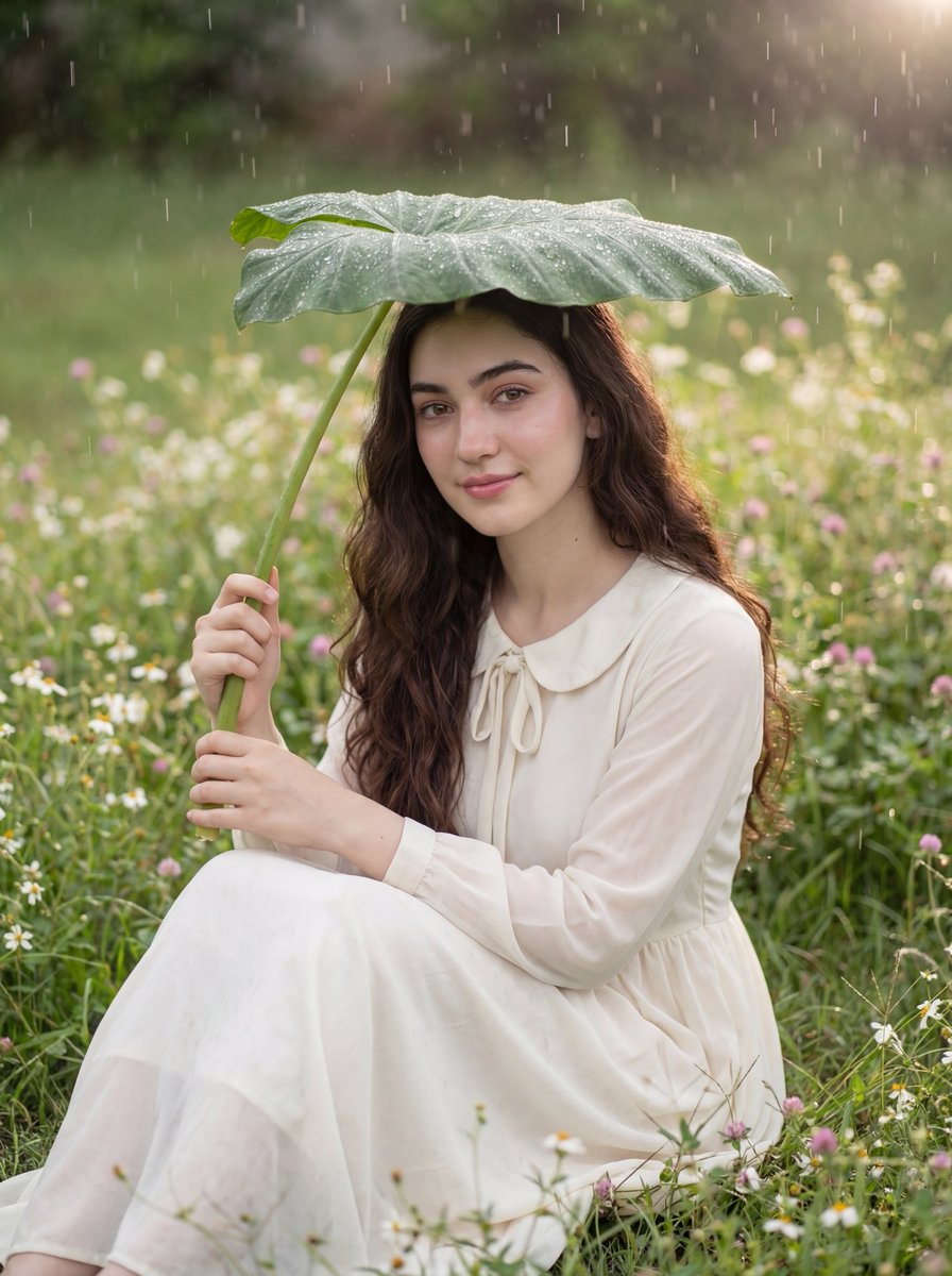 Realistic portrait of a young woman sitting in the middle of a green garden filled with small white and pink flowers as…