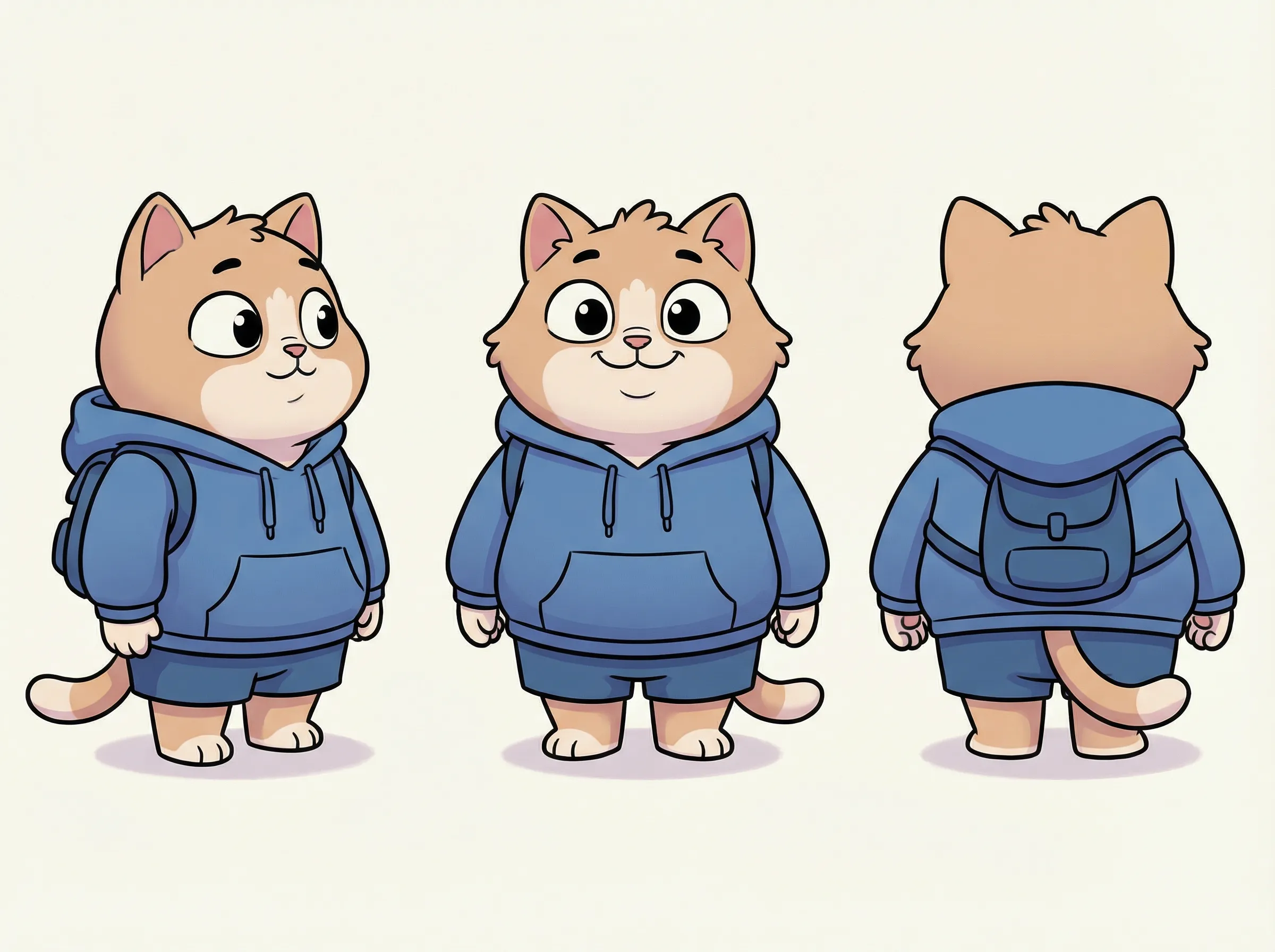 A cute anthropomorphic cat in triple view: front-left, front, and back. Standing upright with a plump body, expressive …