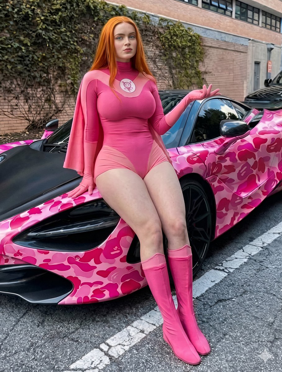 First image prompt: A realistic full body photograph of a beautiful young woman with long straight vibrant orange hair,…