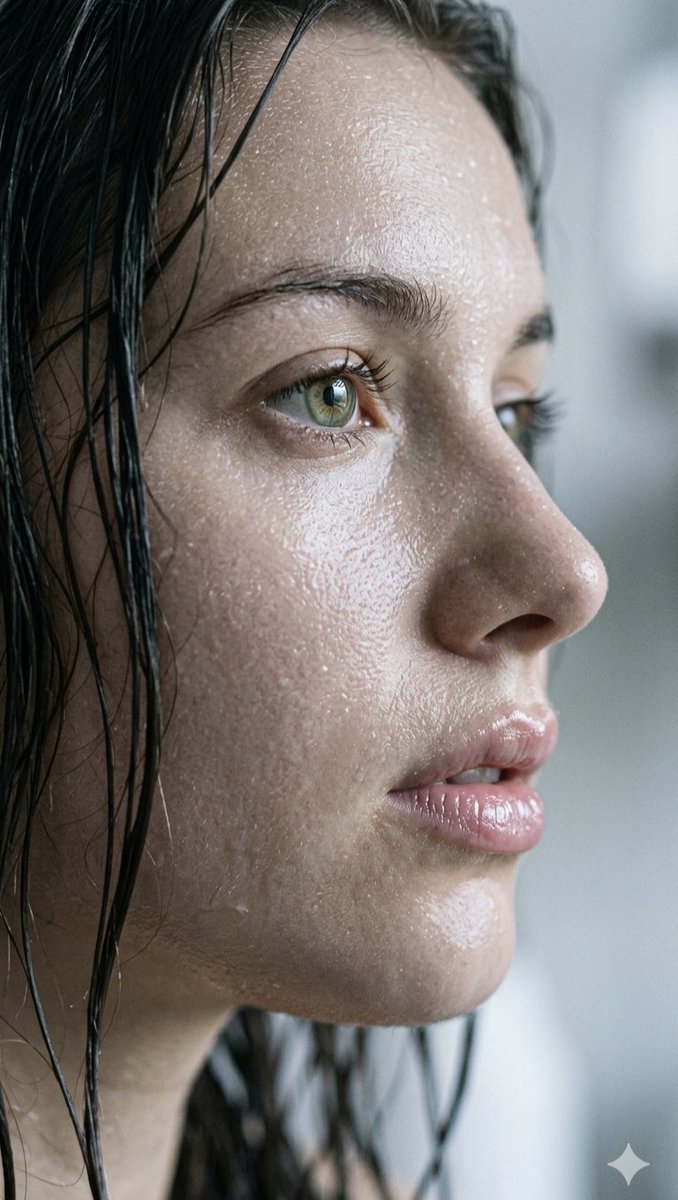 Extreme close-up, profile view of a woman’s face with damp, glistening skin. Her face is covered in fine droplets of wa…