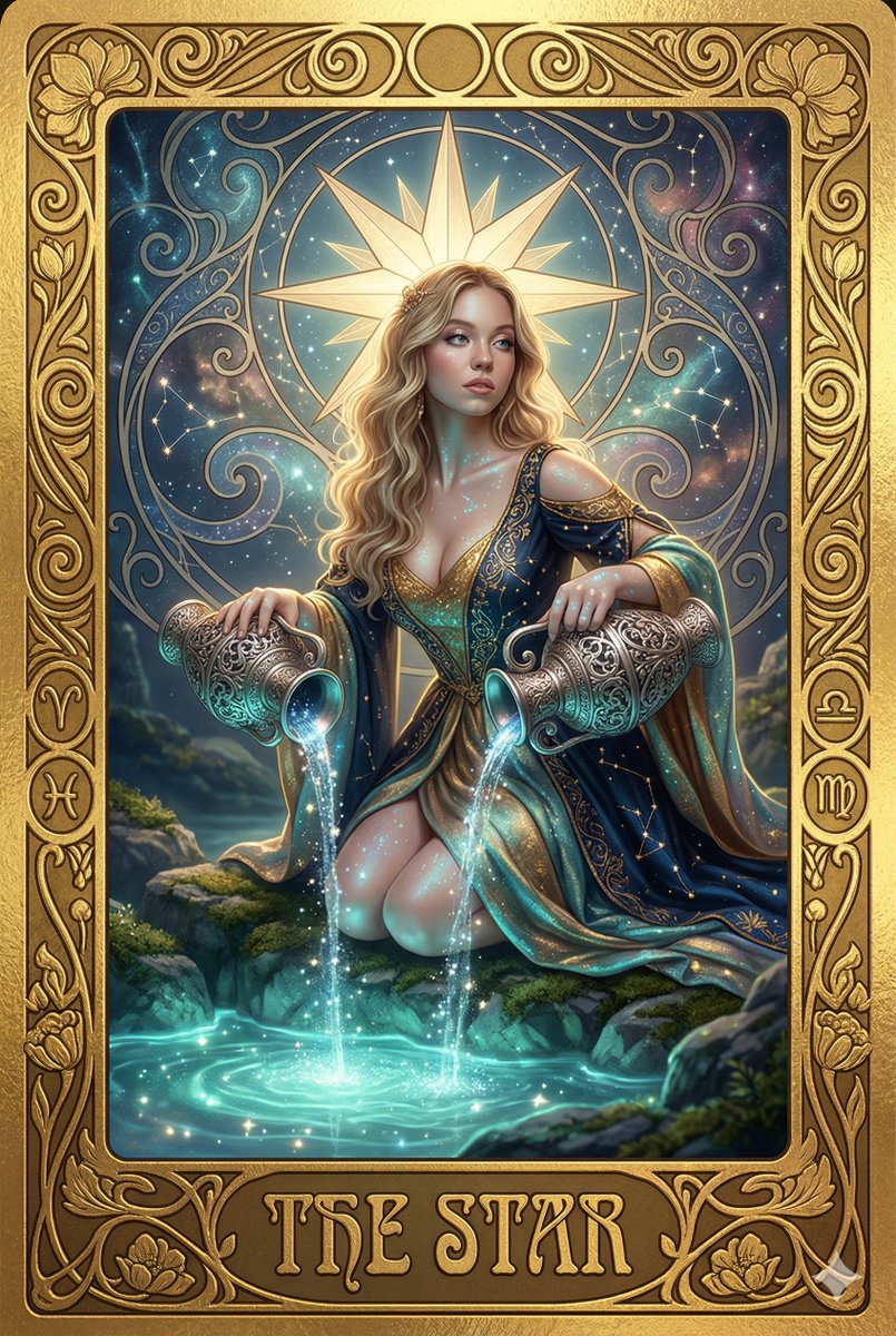 A mystical tarot card featuring a photorealistic {argument name="celebrity name" default="Sydney Sweeney"} as 'The Star…