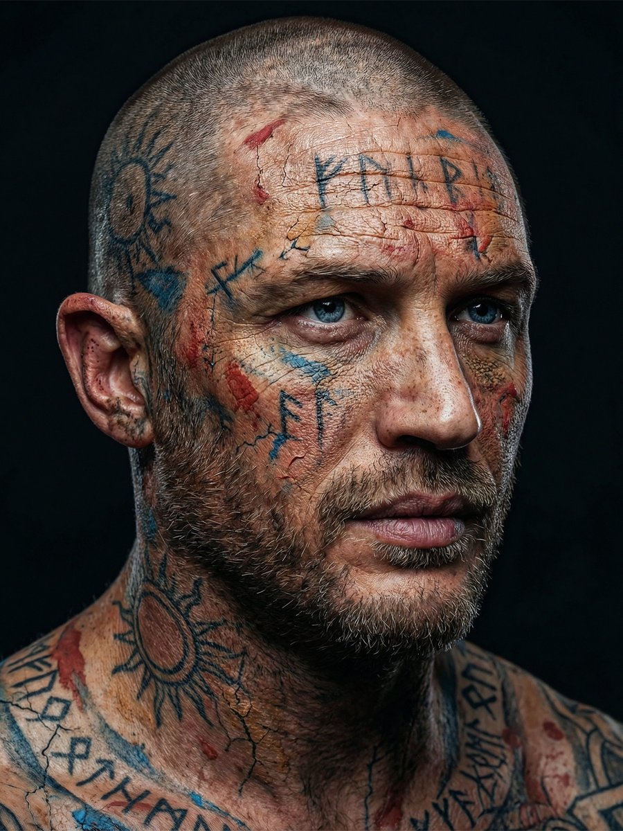 "Ultra-realistic cinematic portrait of a rugged middle-aged man with a shaved head and short beard, intense blue eyes, …