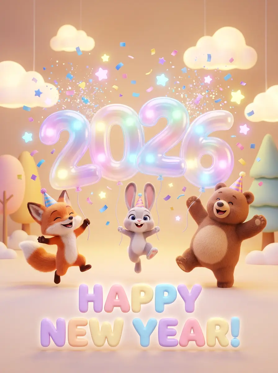 A cheerful 3D rendered New Year greeting card. A group of adorable, fluffy animal characters (a fox, a rabbit, and a be…