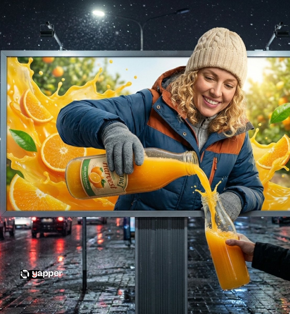 A hyper-realistic nighttime city scene featuring a large roadside billboard with a 3D illusion of a smiling woman weari…