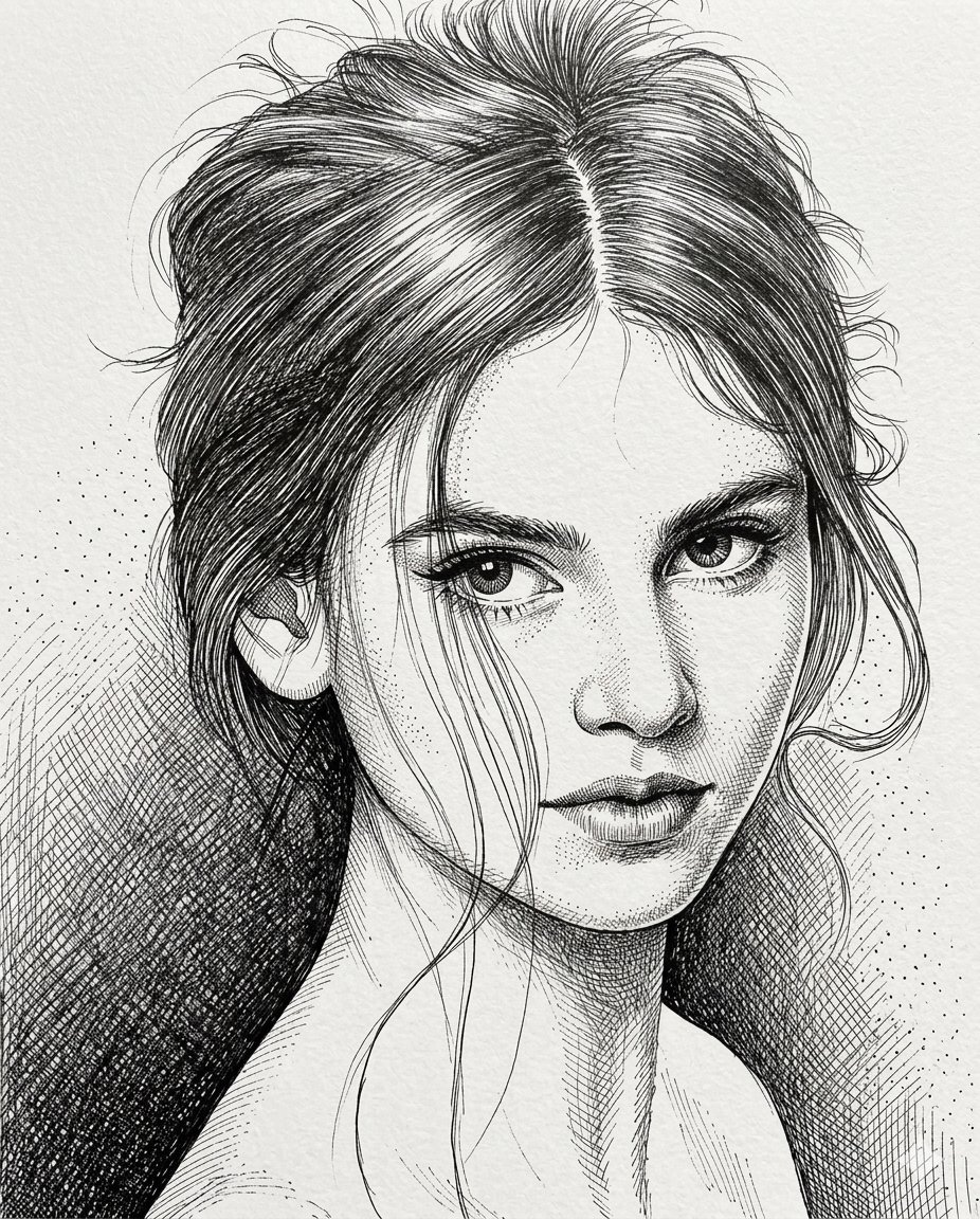 A high-contrast pen and ink portrait of a young woman with a soulful gaze, based on a delicate pencil sketch. The style…