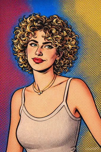 A portrait of the subject rendered in a 1960s comic book pop art style, featuring thick black outlines, saturated block…