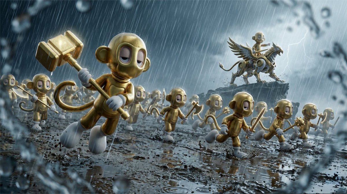 A cinematic macro toy-photography scene of dozens of identical bean-sized instances of the uploaded reference character…