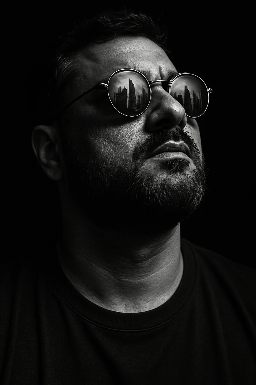 Dramatic, ultra-realistic close-up in black and white with high-contrast cinematic lighting from the side, highlighting…