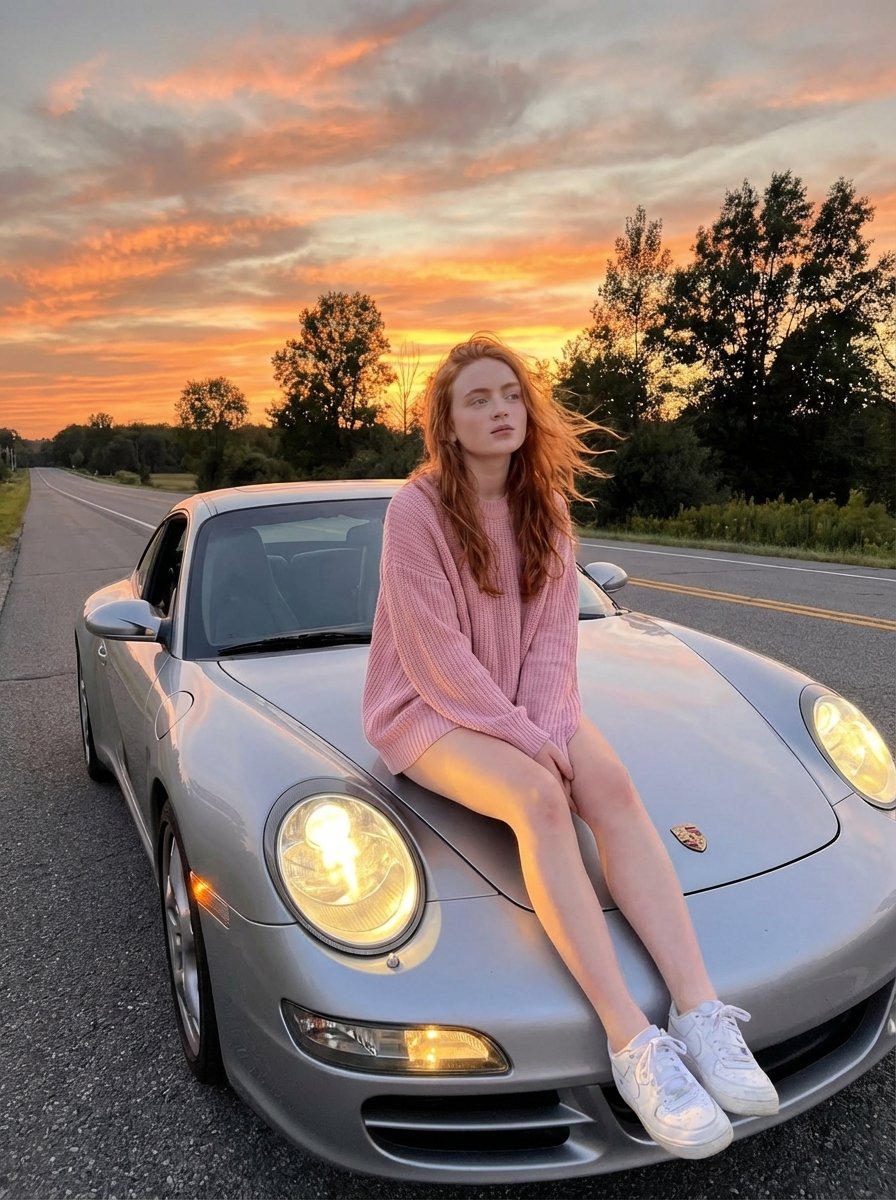 A cinematic lifestyle photo of a young woman sitting on the hood of a sleek sports car on an empty road during sunset, …