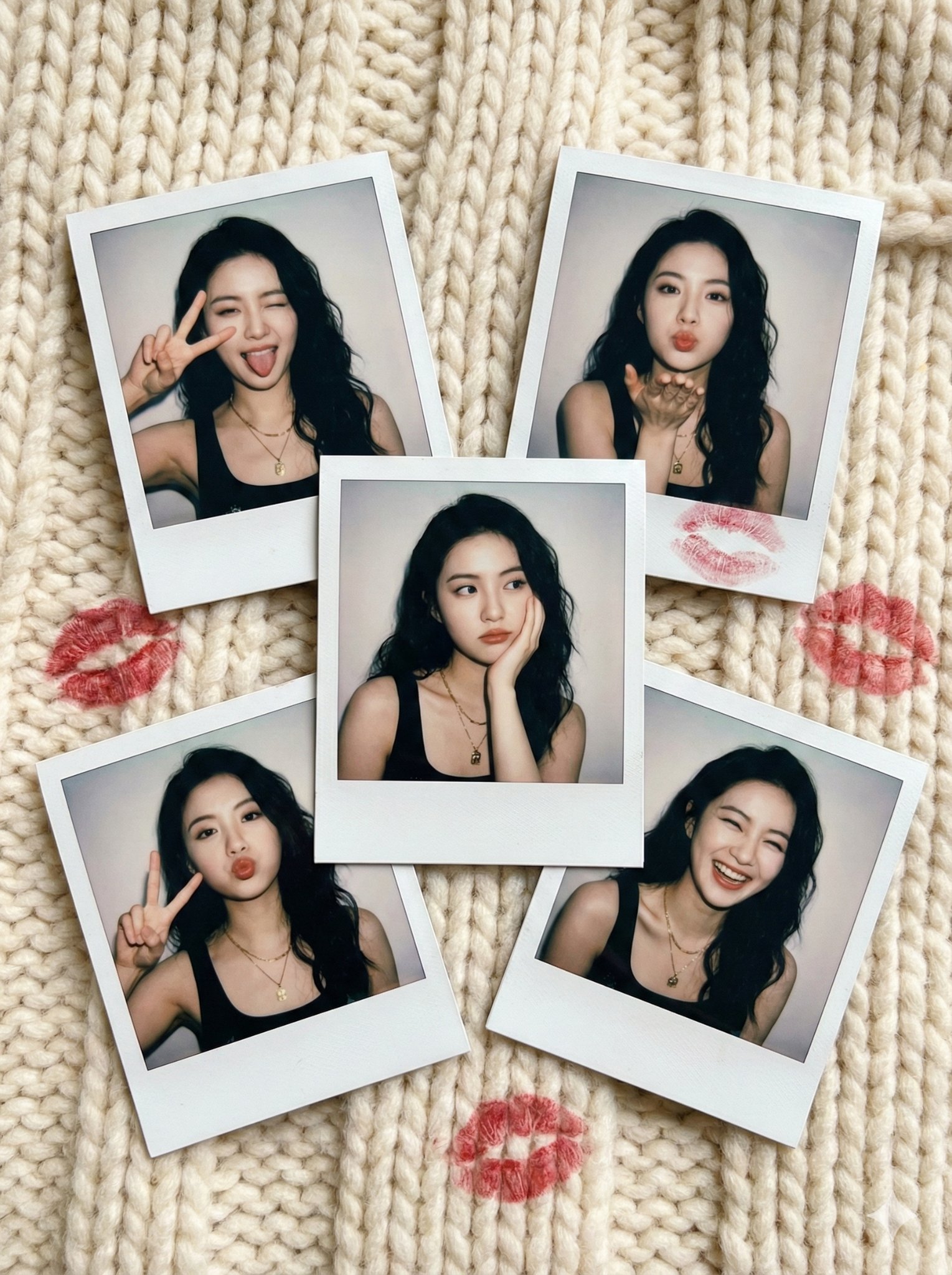{ "prompt": { "subject": { "description": "A collection of five vintage Polaroid instant photographs featuring the same…