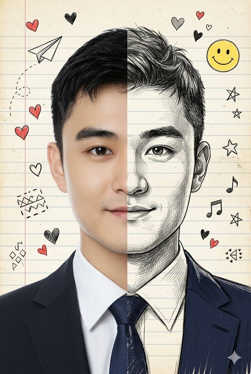 A split-view vertical portrait combining a realistic photograph of a person [ use the uploaded photo as reference] on t…