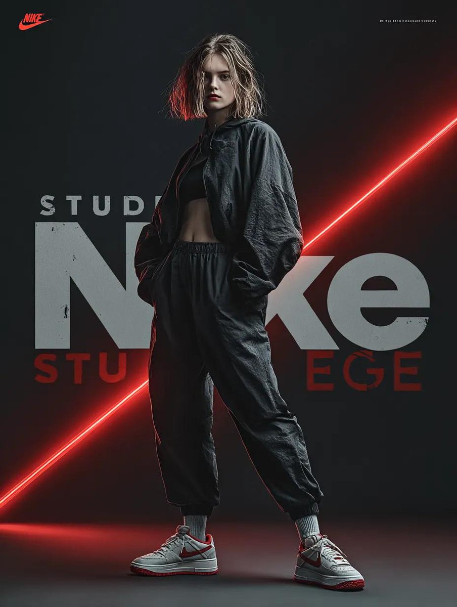 A dynamic fashion advertisement for Nike showing a hyper-realistic model mid-twist jump, light trails following her lim…
