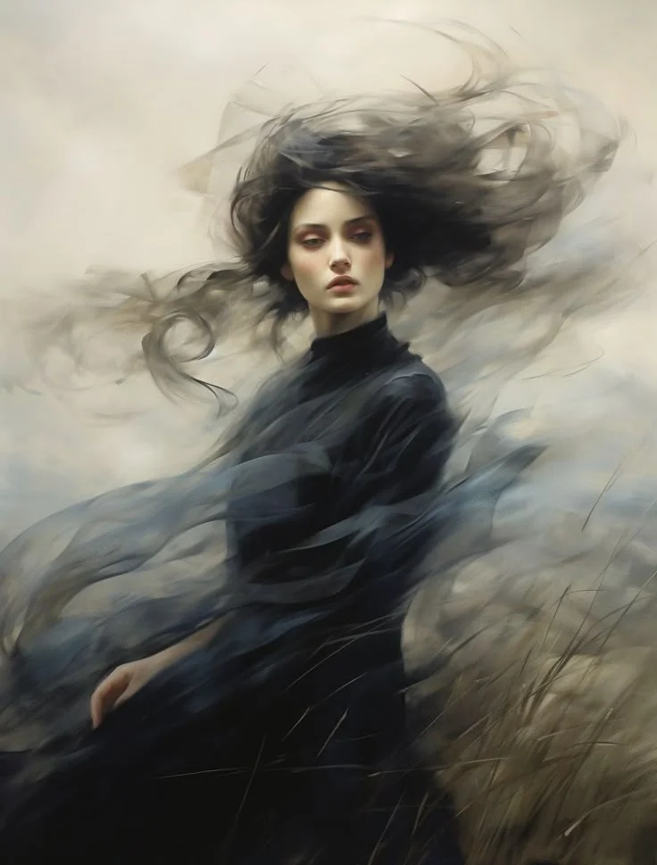 A cinematic fine-art portrait of a mysterious young woman standing in an open, windswept landscape. She wears a flowing…