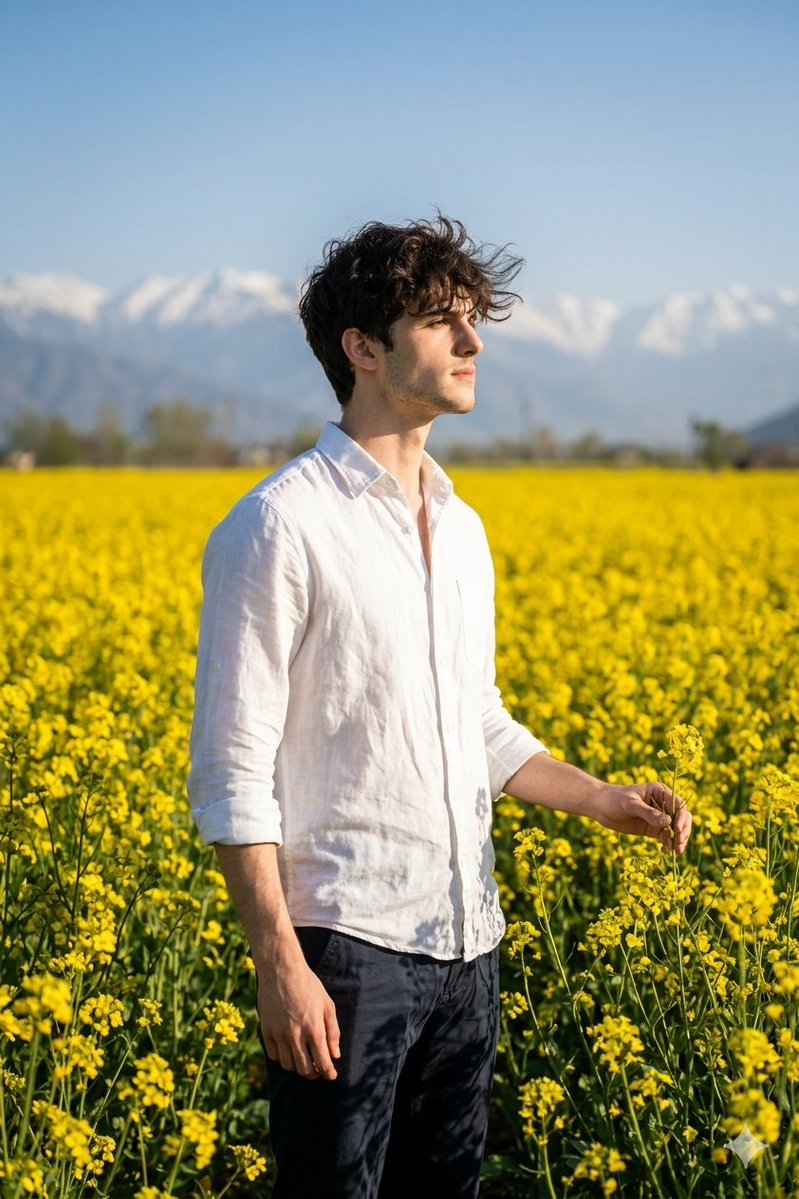 A highly realistic cinematic portrait of a young man standing in a vast mustard field in Kashmir during the spring seas…