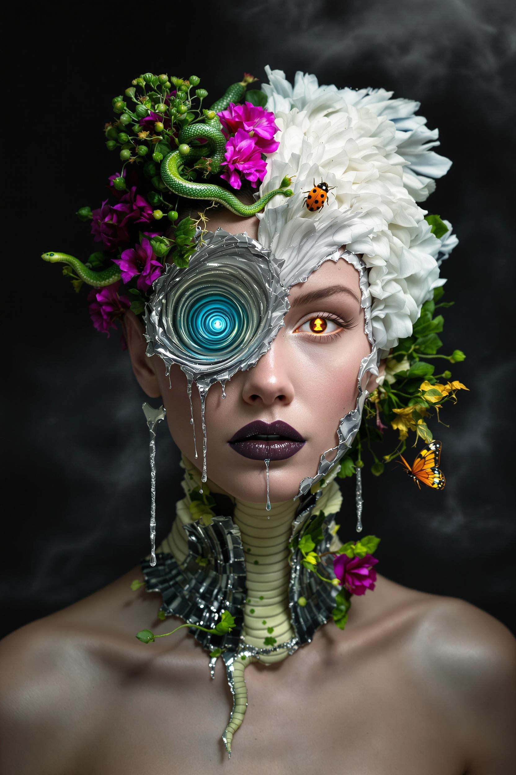 An striking beautiful model wearing a big surreal white green monster fly and green fungi mold and silver melted murcur…