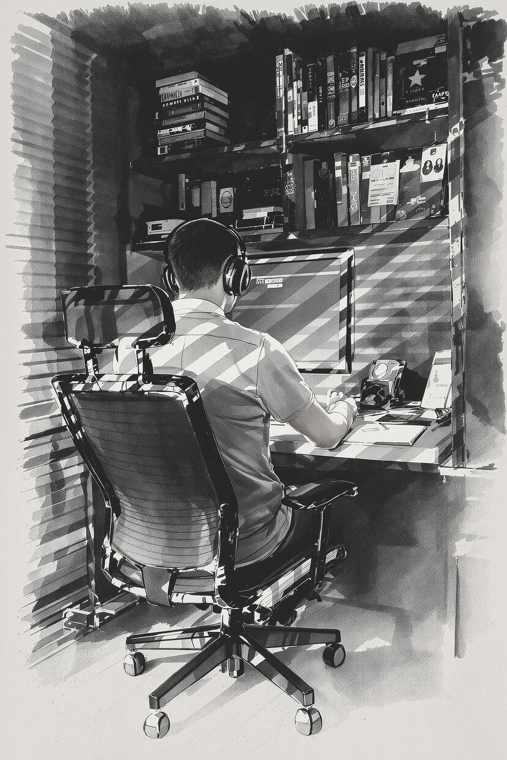 A large view, full figure from the back at a 45-degree angle of a young man seated in a corner at his desk, working at …