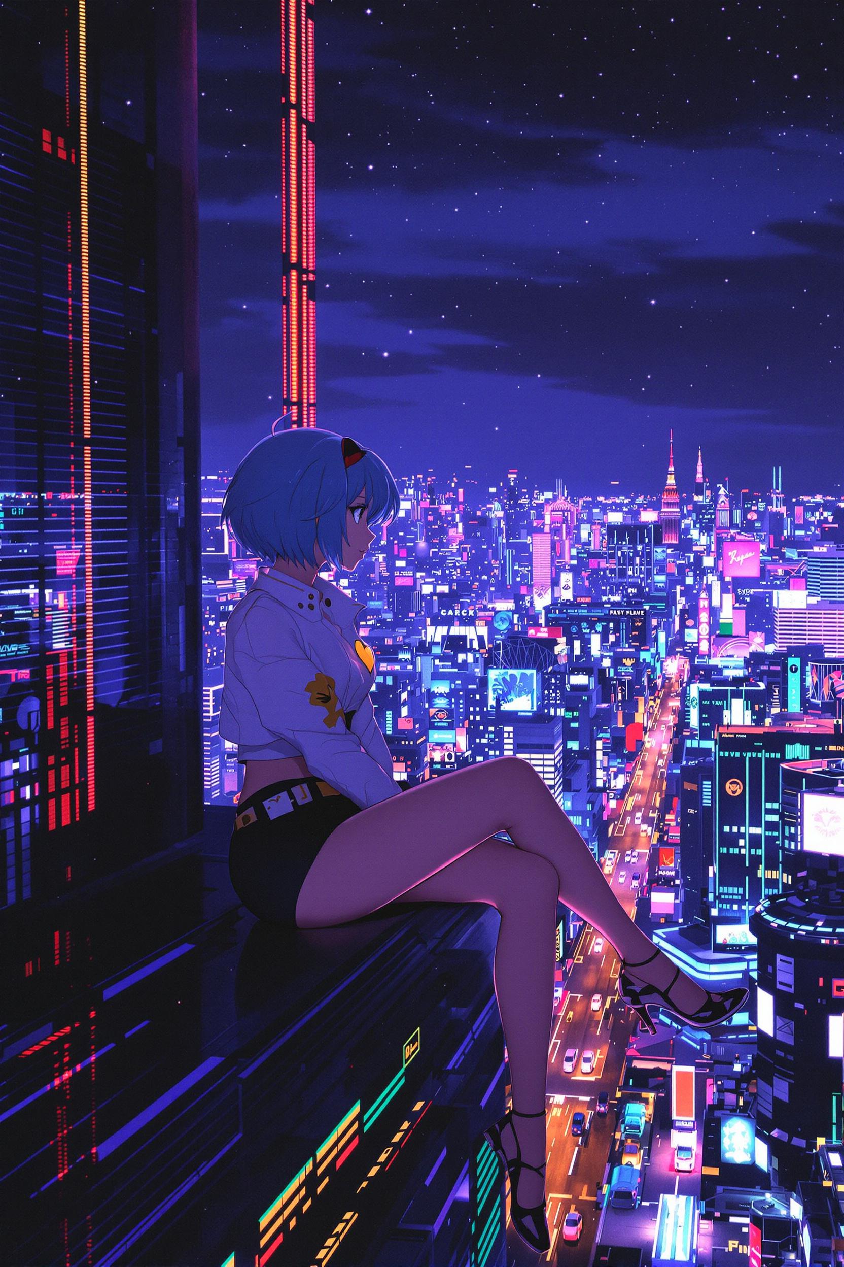 stunning 90's anime vintage anime screenshot woman sitting on skyscraper night scene, ray tracing, very wide eyes, cute…