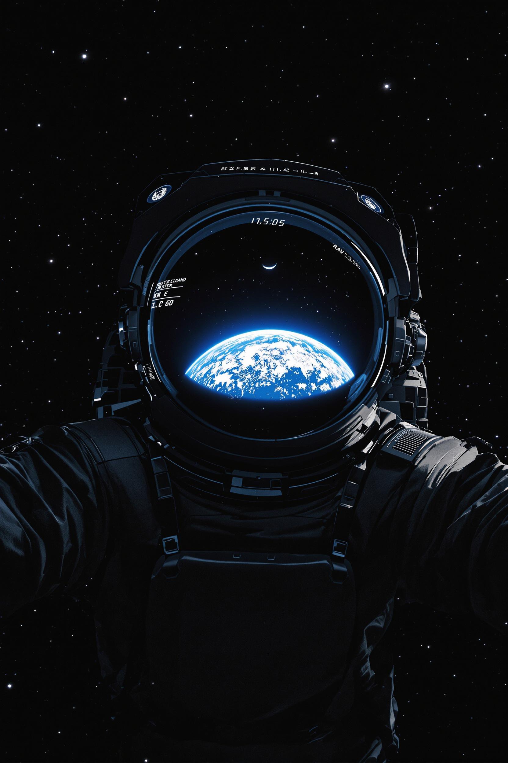Design an astronaut in Katsuhiro Otomo style flying in dark space.