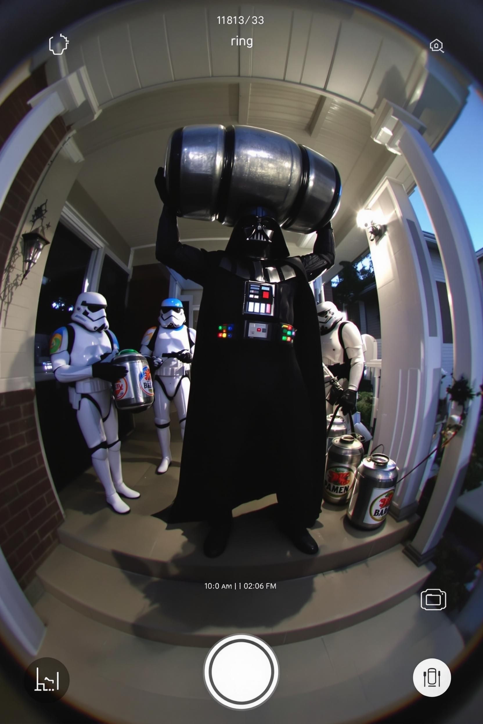 ring doorbell photo of darth vader with a keg of beer