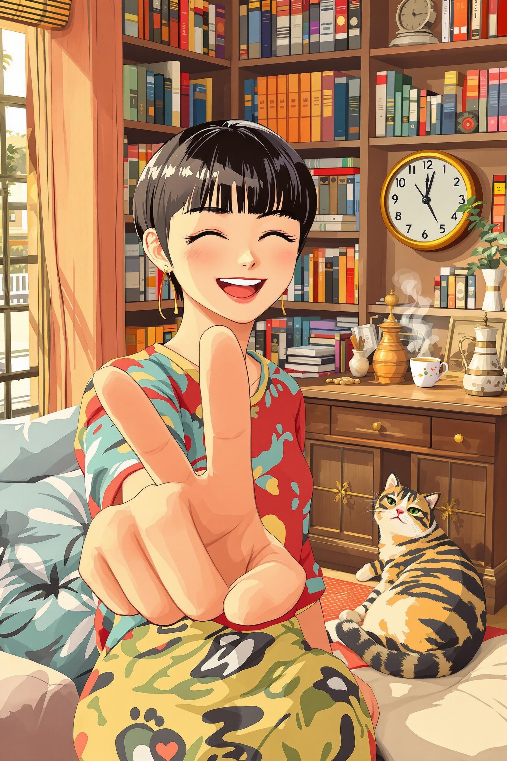 Japanese anime-style illustration of a lively woman with short hair and straight-cut bangs. She dramatically extends he…