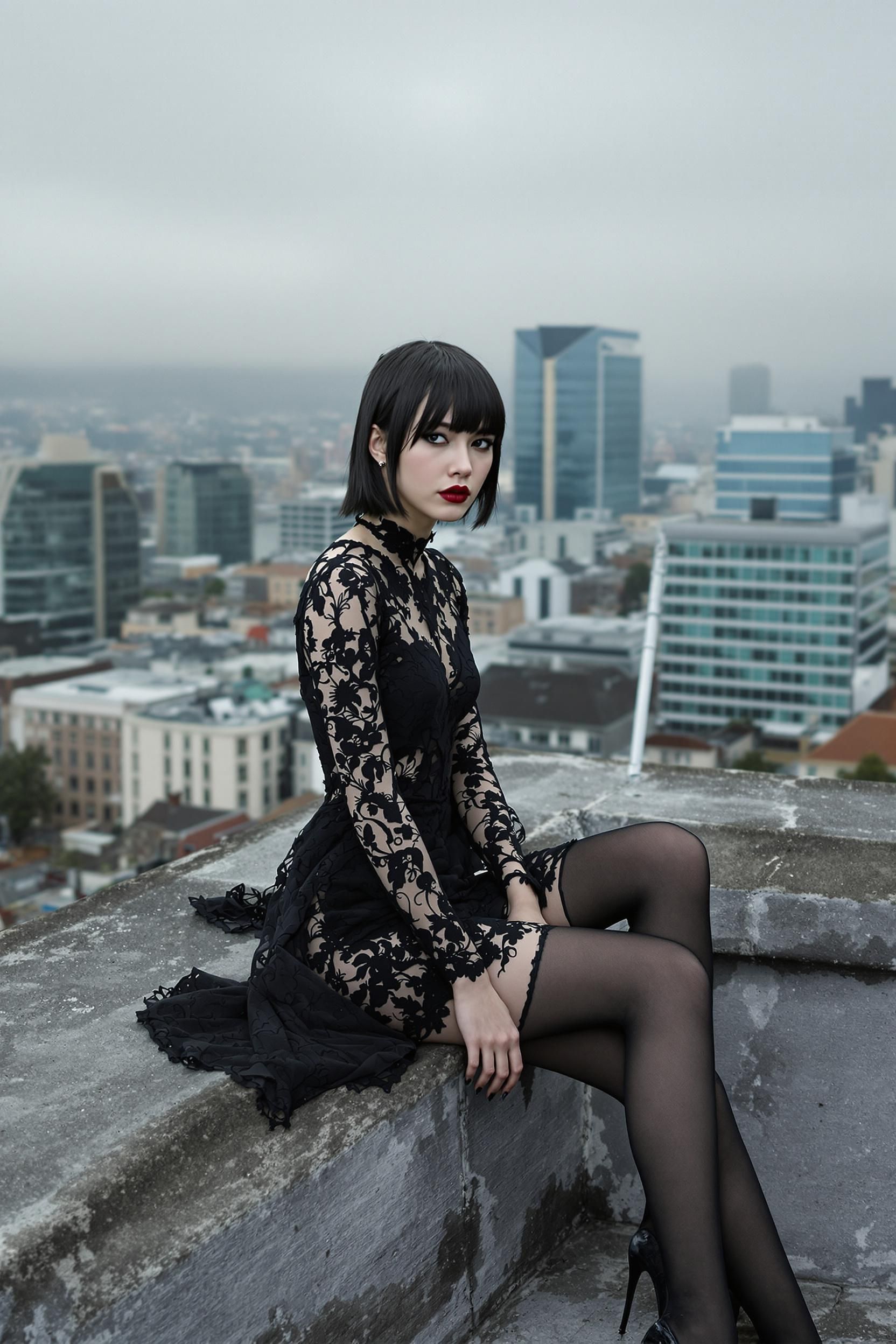 Shot with ARRI ALEXA Mini LF, medium shot, low-angle perspective. A young woman with straight black hair and blunt bang…